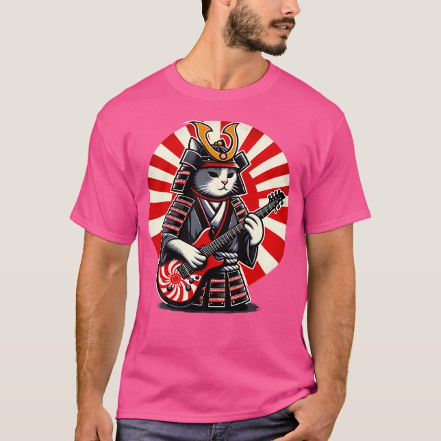 Japanska samurai Cat Spela Electric Guitar Playe T Shirt (Framsida)