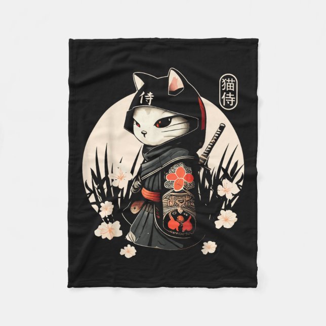 Japanska samurai Cat Tattoo, Kawaii Ninja Cat_1 Fleecefilt (Framsidan)