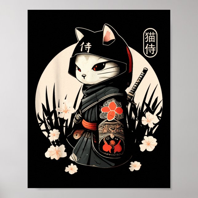 Japanska samurai Cat Tattoo, Kawaii Ninja Cat_1 Poster (Framsidan)