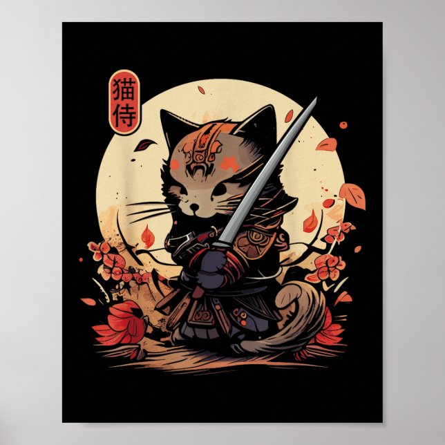 Japanska samurai Cat Tattoo, Kawaii Ninja Cat _2 Poster (Framsidan)
