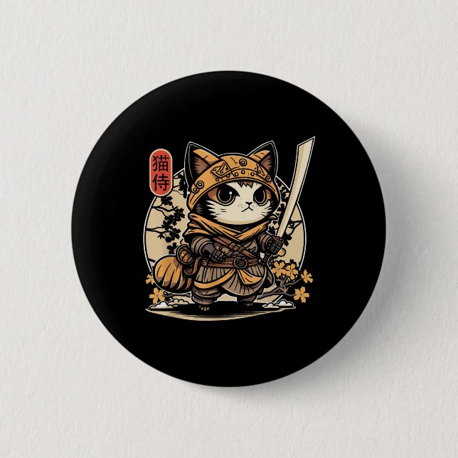 Japanska samurai Cat Tattoo, Kawaii Ninja Cat _3 Knapp (Framsida)