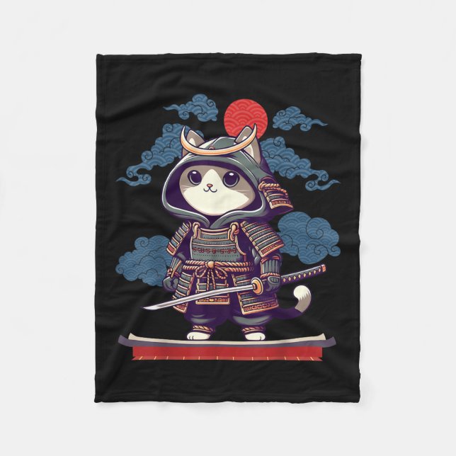 Japanska Samurai Cat Tattoo Kawaii Ninja Cat Anime Fleecefilt (Framsidan)