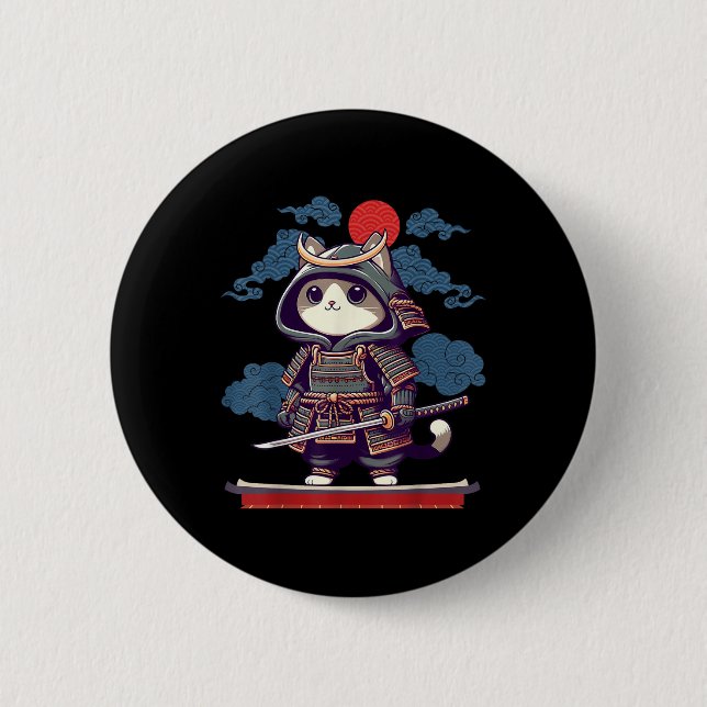 Japanska Samurai Cat Tattoo Kawaii Ninja Cat Anime Knapp (Framsida)