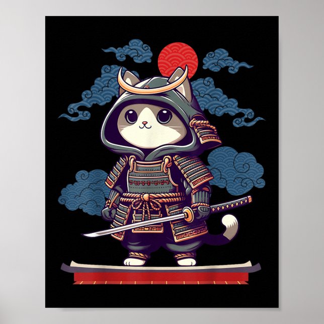 Japanska Samurai Cat Tattoo Kawaii Ninja Cat Anime Poster (Framsidan)