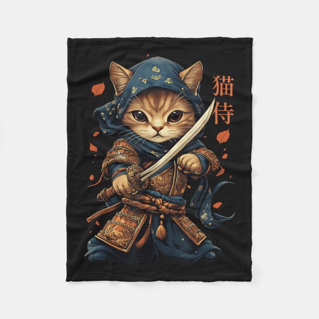 Japanska Samurai Cat Tattoo Kawaii Ninja Cat Cat W Fleecefilt (Framsidan)