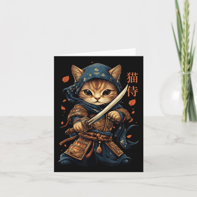 Japanska Samurai Cat Tattoo Kawaii Ninja Cat Cat W Kort (Framsida)