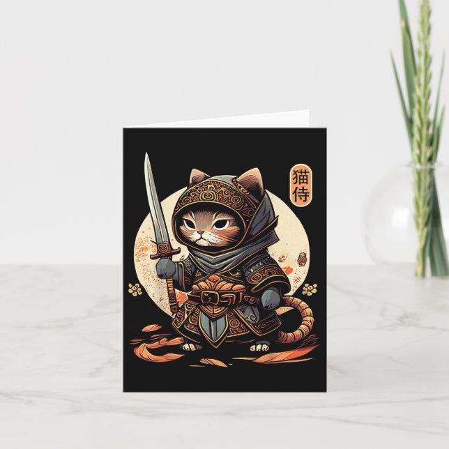 Japanska Samurai Cat Tattoo Kawaii Ninja Cat Kort (Framsida)