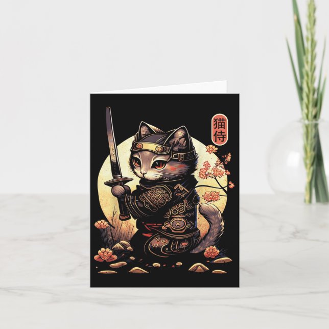 Japanska Samurai Cat Tattoo, Kawaii Ninja Cat Kort (Framsida)