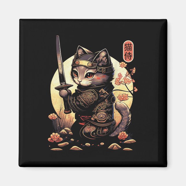 Japanska Samurai Cat Tattoo, Kawaii Ninja Cat Magnet (Framsidan)