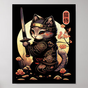 Japanska Samurai Cat Tattoo, Kawaii Ninja Cat Poster