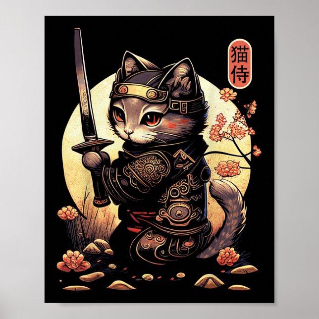 Japanska Samurai Cat Tattoo, Kawaii Ninja Cat Poster (Framsidan)