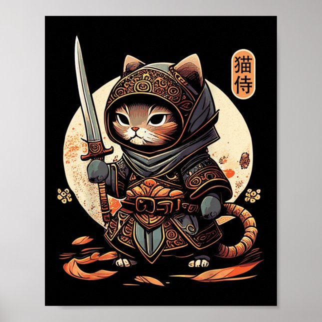 Japanska Samurai Cat Tattoo Kawaii Ninja Cat Poster (Framsidan)