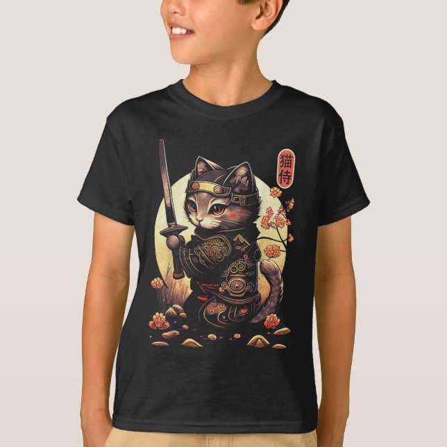 Japanska Samurai Cat Tattoo, Kawaii Ninja Cat T Shirt (Framsida)