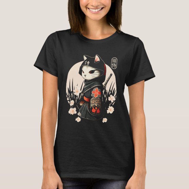 Japanska Samurai Cat Tattoo, Ninja Cat T Shirt (Framsida)
