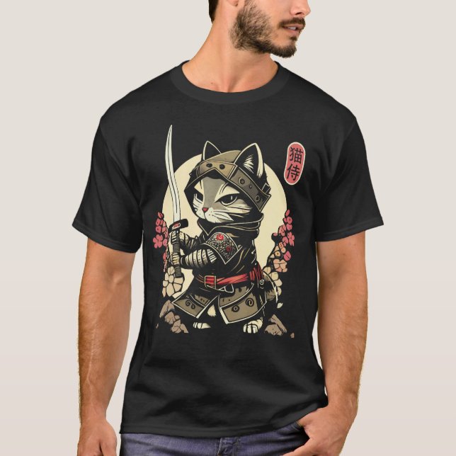 Japanska Samurai Cat Tattoo, Ninja Cat T Shirt (Framsida)