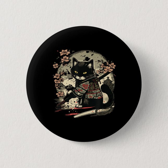 Japanska Samurai Cat Tattoo, Vintage Kawaii Ninja Knapp (Framsida)