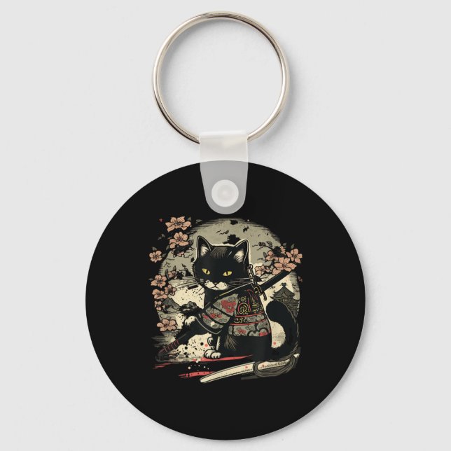 Japanska Samurai Cat Tattoo, Vintage Kawaii Ninja Nyckelring (Framsida)