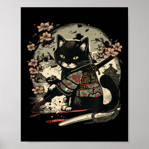 Japanska Samurai Cat Tattoo, Vintage Kawaii Ninja Poster