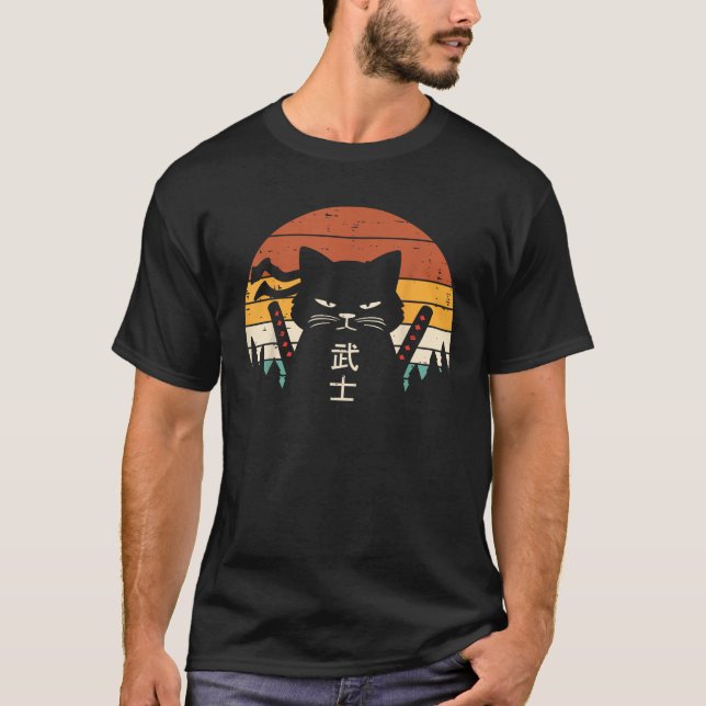 Japanska Samurai Cat Warrior Retro Ninja Manar Wom T Shirt (Framsida)