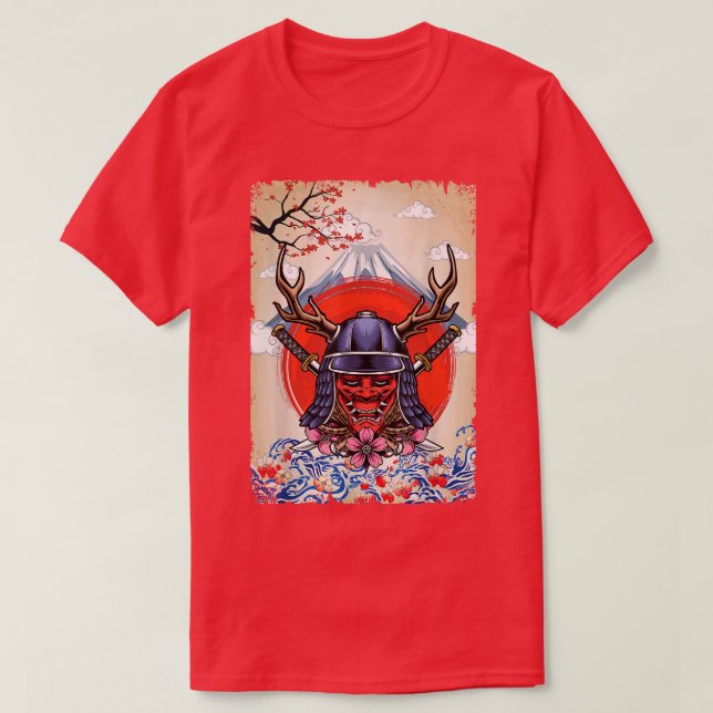 Japanska Samurai Demon Cherry Blommar T Shirt (Design framsida)
