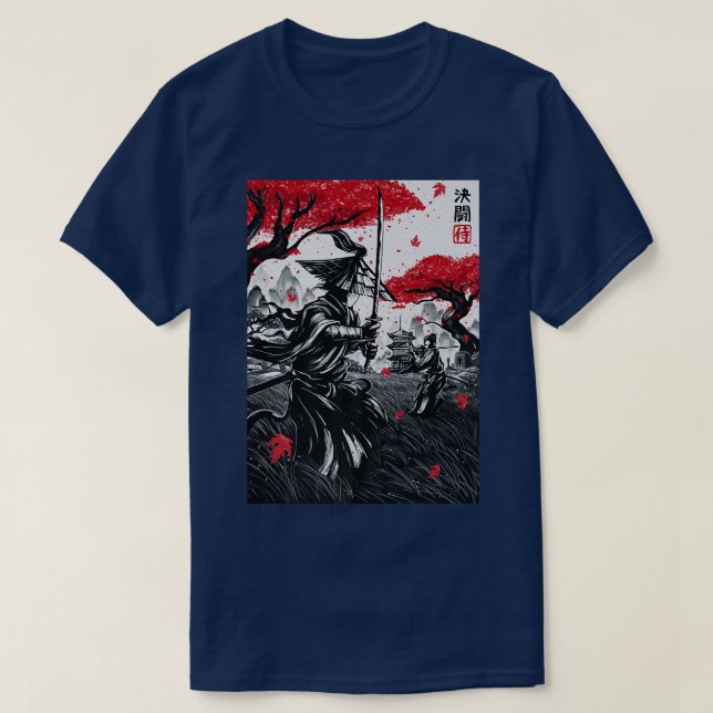 Japanska Samurai Duel Faceoff Bläck Tvättar måla s T Shirt (Design framsida)