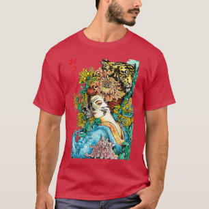 Japanska Samurai Girl och Vintage Sakura Cherry Bl T Shirt