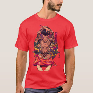 Japanska Samurai Girl och Vintage Sakura Cherry Bl T Shirt