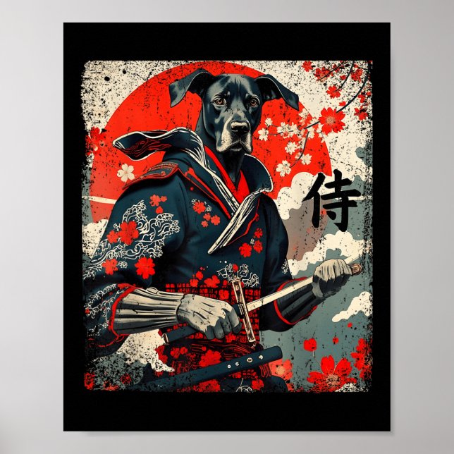 Japanska Samurai Great dane Tattoo Kawaii Ukiyo-e Poster (Framsidan)