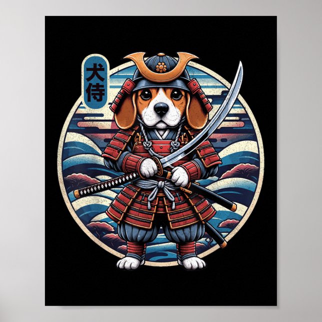 Japanska Samurai Hund Tattoo, Beagle Kawaii Ninja  Poster (Framsidan)