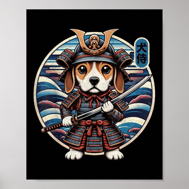 Japanska Samurai Hund Tattoo, Beagle Kawaii Ninja Poster (Framsidan)