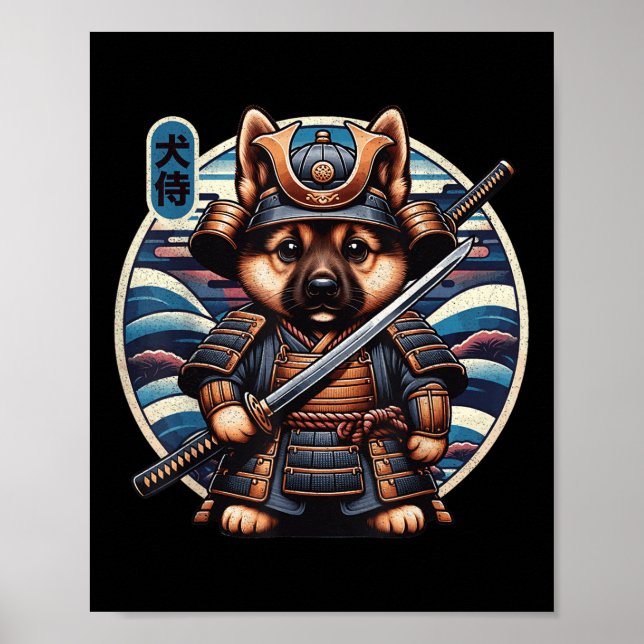 Japanska Samurai Hund Tattoo, German Shepherd Kawa Poster (Framsidan)