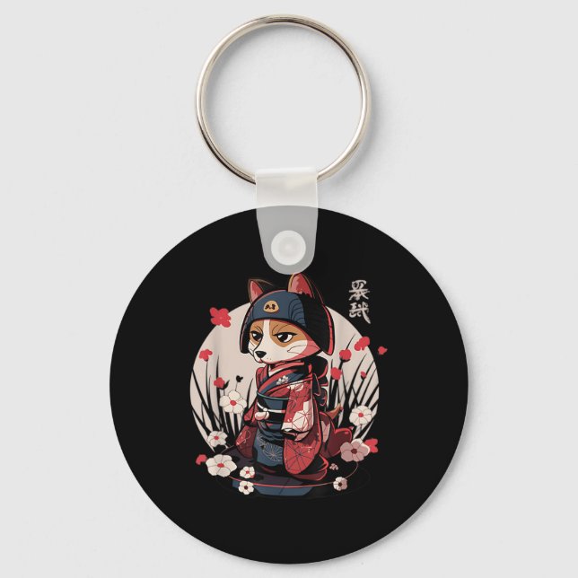 Japanska Samurai Hund Tattoo Kawaii Ninja Hund Nyckelring (Framsida)