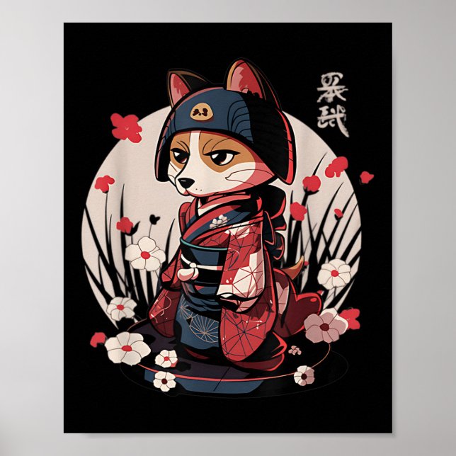 Japanska Samurai Hund Tattoo Kawaii Ninja Hund Poster (Framsidan)