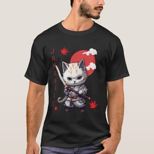 Japanska Samurai Kattunge Kawaii Red Sol Ninja Cat T Shirt (Framsida)