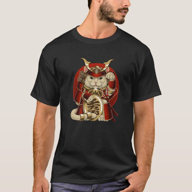 Japanska Samurai Maneki Neko Cat Bushido Aesthetic T Shirt (Framsida)