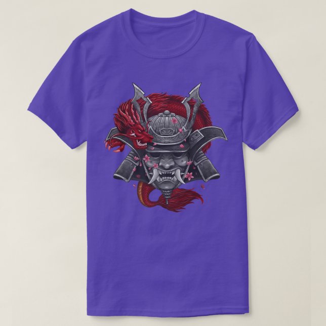 Japanska Samurai Mask Dragon med körsbärs blommar  T Shirt (Design framsida)