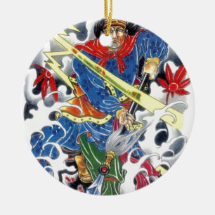 Japanska samurai med Spear tatuering design Julgransprydnad Keramik