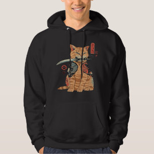 Japanska Samurai Ninja Cat Kawaii Tattoo Graphic Hoodie