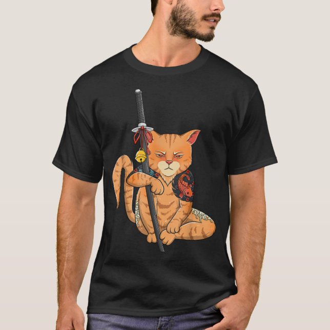 Japanska Samurai Ninja Cat Kawaii Tattoo Graphic P T Shirt (Framsida)