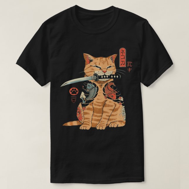 Japanska Samurai Ninja Cat Kawaii Tattoo Graphic T Shirt (Design framsida)