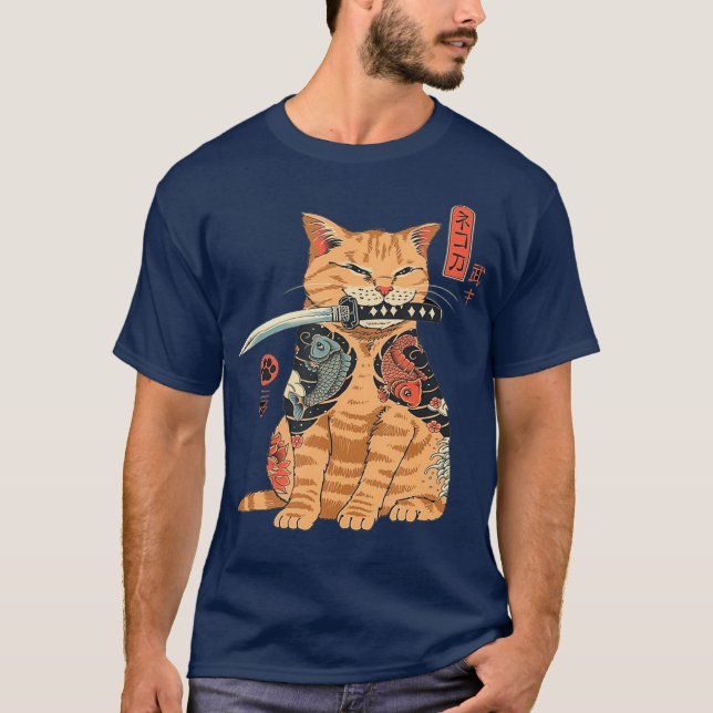 Japanska Samurai Ninja Cat Kawaii Tattoo Graphic T Shirt (Framsida)