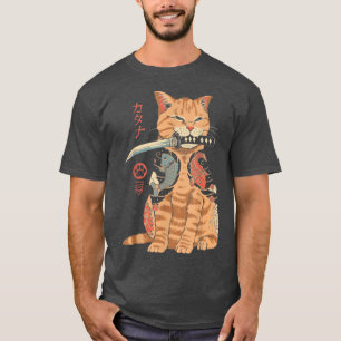 Japanska Samurai Ninja Cat Kawaii Tattoo Graphic T Shirt