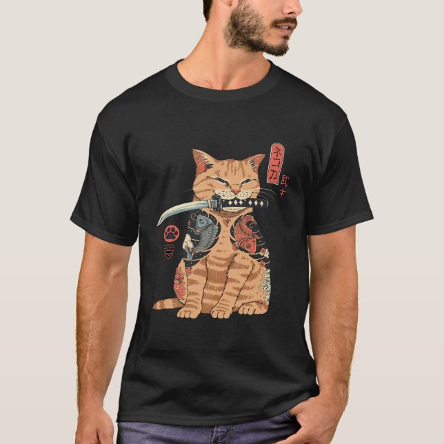 Japanska Samurai Ninja Cat Kawaii Tattoo Graphic T Shirt (Framsida)