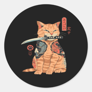 Japanska Samurai Ninja Cat Kawaii Tattoo Runt Klistermärke