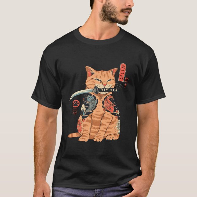 Japanska Samurai Ninja Cat Kawaii Tattoo T Shirt (Framsida)