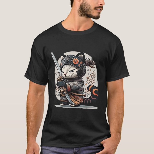 Japanska Samurai Ninja Cat Kawaii Tattoo T Shirt (Framsida)