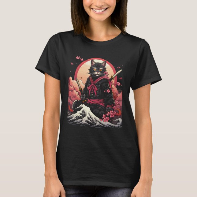 Japanska Samurai Ninja Cat Retro Tatto Graphic 26 T Shirt (Framsida)