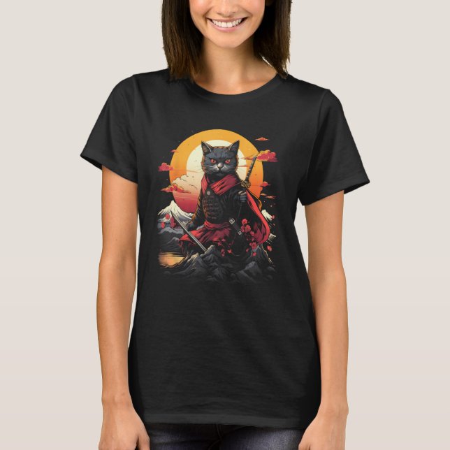 Japanska Samurai Ninja Cat Retro Tatto Graphic 28 T Shirt (Framsida)