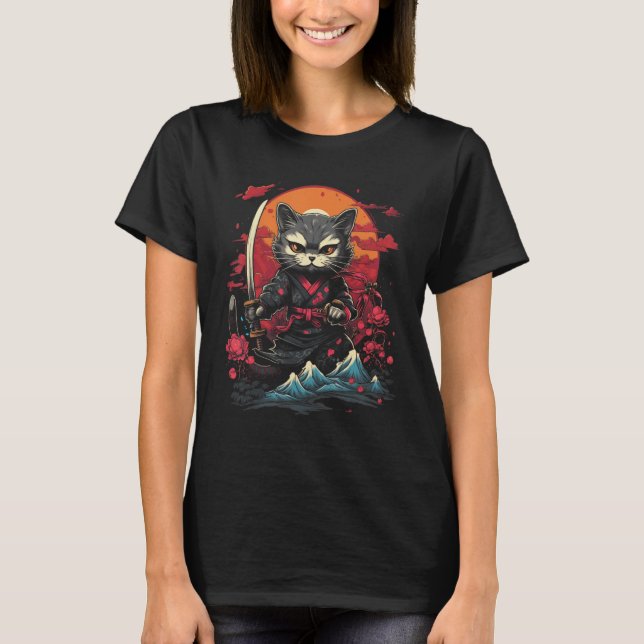 Japanska Samurai Ninja Cat Retro Tattoo Graphic # T Shirt (Framsida)