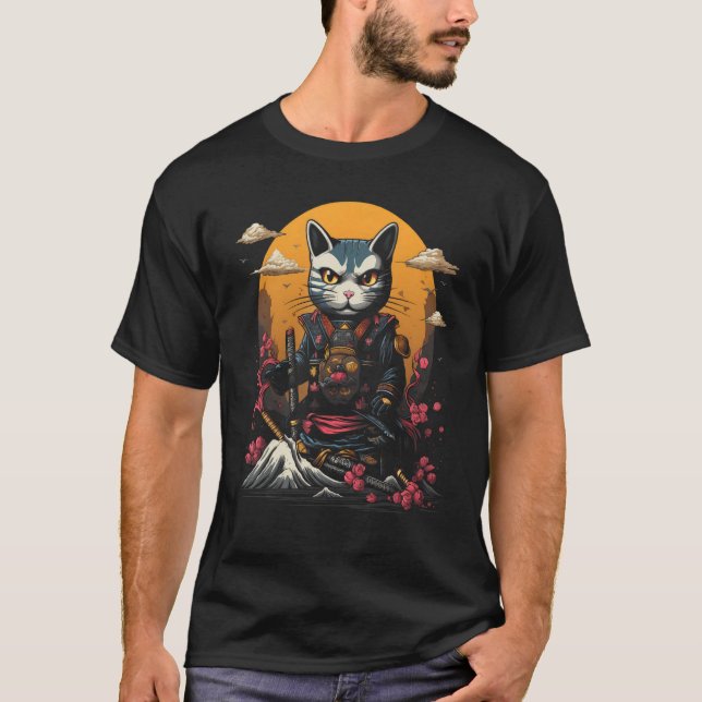 Japanska Samurai Ninja Cat Retro Tattoo Graphic # T Shirt (Framsida)